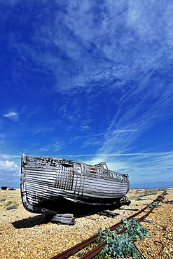 An old and disused fishing boat at Dungeness on the coast of Kent, England, United Kingdom, Europe