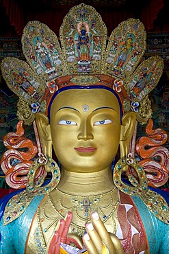 Tibetan Buddhism, Buddha Maitreya, Buddha of the future, portrait, Buddha statue, Thiksey Gompa Monastery, Thikse, Tikse, Ladakh region, Jammu and Kashmir, India, South Asia