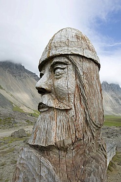 Viking carved out of wood, bust, Stokksnes, Iceland, Scandinavia, Northern Europe