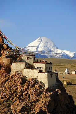 Tibetan Buddhism, monastery on the mountain slope, rocks, Chiu Gompa, snow-covered sacred Mount Kailash, south side with channel, Gang-Tise-Mountains, Trans-Himalaya, Himalayas, Tibet Autonomous Region, People's Republic of China, Asia