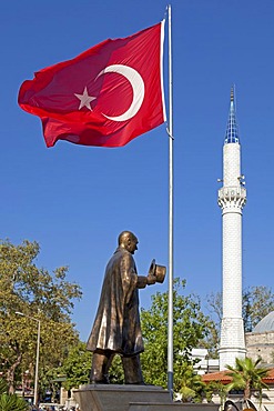 Ataturk statue, minaret, flag, Dalyan, Dalyan Delta, Turkish Aegean, Turkey