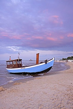 Fishing boat on the beach, Heringsdorf, Usedom island, Baltic Sea, Mecklenburg-Western Pomerania, Germany, Europe