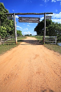 Entrance gate to the Pantanal, Transpantaneira, road through the Pantanal wetland, Brazil, South America