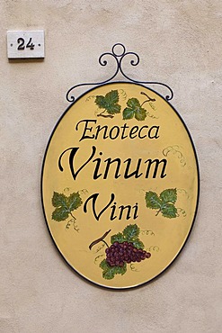 Enoteca Vinum, sign, Montepulciano, Val d'Orcia, Siena province, Tuscany, Italy, Europe