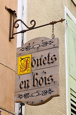 Toys shop sign, Moustiers-Sainte-Marie, Provence, France, Europe