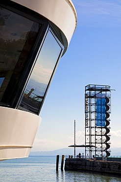 Ship, Lindau, and an observation tower in the port of Friedrichshafen on Lake Constance, Baden-Wuerttemberg, Germany, Europe