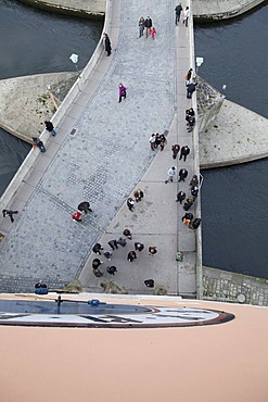 View from the Brueckturm tower tower clock, Steinerne Bruecke bridge from above, Regensburg, Upper Palatinate, Bavaria, Germany, Europe