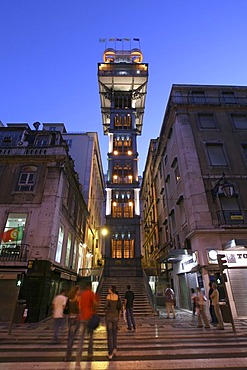 Illuminated Santa Justa Lift at Night, Elevador de Santa Justa, Rua Aurea, Lisbon, Portugal, Europe