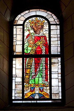 Stained glass window in the Cathedral of Our Lady, one of the world's oldest figurative stained glass windows, mid 11th Century, prophets window, King David, Augsburg Cathedral, Augsburg, Bavaria, Germany, Europe