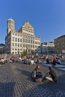 People on Rathausplatz square, Town Hall, Augsburg, Bavaria, Germany, Europe