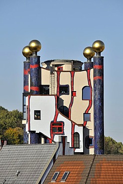 The 33 metre high Regenturm, Rain Tower, Hundertwasser House in Plochingen, Baden-Wuerttemberg, Germany, Europe