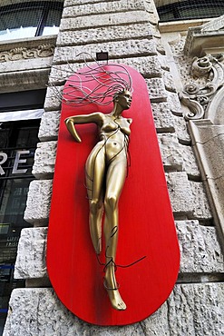 Naked woman's figure as a publicity stunt for the Lippert's Friseure hairdressers, Lenbachplatz 3, Munich, Bavaria, Germany, Europe