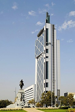 General Baquedano, monument, Plaza Baquedano, Movistar building in the form of a mobile phone, telephone company, skyscraper, Santiago de Chile, Chile, South America