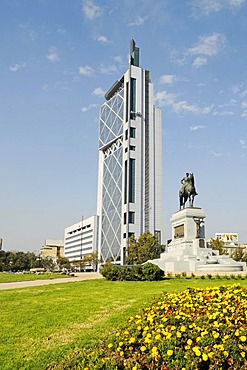 General Baquedano, monument, Plaza Baquedano, Movistar building in the form of a mobile phone, telephone company, skyscraper, Santiago de Chile, Chile, South America