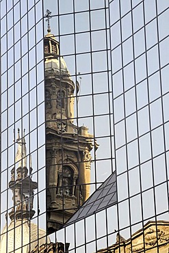Church steeple, cathedral, reflection, facade of a multistory building, Santiago de Chile, Chile, South America