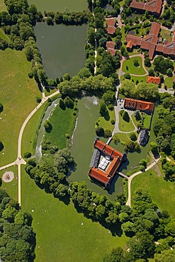 Aerial view, Herten palace gardens, Schloss Herten moated castle, baroque park, Herten, Ruhrgebiet area, North Rhine-Westphalia, Germany, Europe