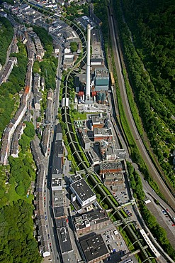 Aerial view, suspended monorail, Bayer Werk plant, Friedrich-Ebert-Strasse street, Selmaweg street, Bayer Schering Pharma AG, a German pharmaceutical company, Wuppertal, North Rhine-Westphalia, Germany, Europe