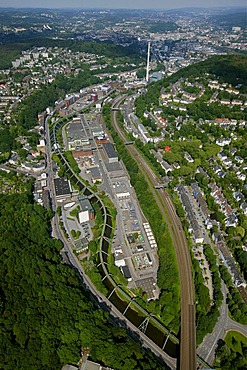 Aerial view, suspended monorail, Bayer Werk plant, Friedrich-Ebert-Strasse street, Selmaweg street, Bayer Schering Pharma AG, a German pharmaceutical company, Wuppertal, North Rhine-Westphalia, Germany, Europe