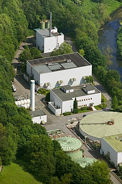 Aerial view, internal wastewater treatment plant of the Bayer Schering Pharma AG on Rutenbecker Weg street, Bayer Schering Pharma AG, a German pharmaceutical company, Wuppertal, North Rhine-Westphalia, Germany, Europe