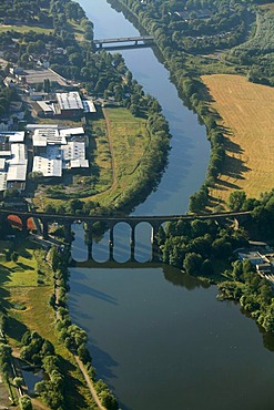 Aerial view, aqueduct on Harkortsee lake, Hensteysee lake, Ruhr river, Ruhrtal valley, Herdecke, Ruhrgebiet area, North Rhine-Westphalia, Germany, Europe