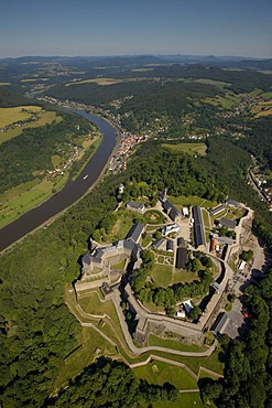 Aerial view, Koenigstein Fortress, Koenigstein, Elbtal valley, Elbe Sandstone Mountains, Saxon Switzerland district, Saxony, Germany, Europe