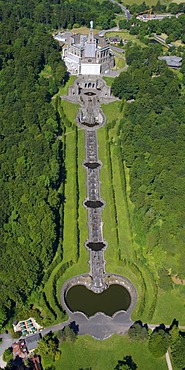 Aerial view, Octagon building with Hercules statue and cascades, Bergpark Wilhelmshoehe park, Kassel, Hesse, Germany, Europe