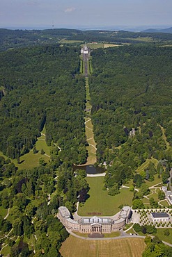 Aerial view, Schloss Wilhelmshoehe Palace, in the distance, Loewenburg, Lions Castle, Bergpark Wilhelmshoehe mountain park, Kassel, Hesse, Germany, Europe