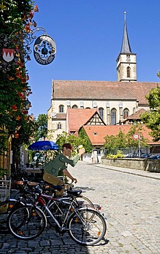 St. Veit's Church seen from Cafe and Weinstube in Iphofen, Lower Franconia, Bavaria, Germany, Europe