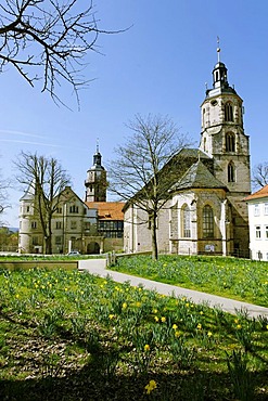 Town church St. Johannes in front of Schloss Bertholdsburg Castle, Schleusingen, Thuringia, Germany, Europe