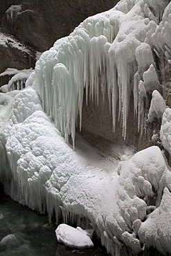 Icicles and snow at the natural landmark Partnach Klamm Gorge, valley, Garmisch-Partenkirchen, Oberbayern region, Upper Bavaria, Bavaria, Germany, Europe