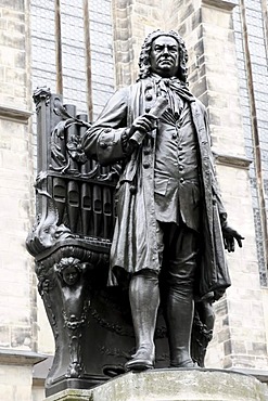 Johann Sebastian Bach, monument on the Thomaskirche church, Leipziger Notenspur trail, Leipzig, Saxony, Germany, Europe