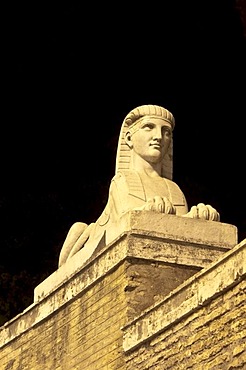 One of the statues of Sphinx by Filippo Ceccarini, ca. 1824, by night, Piazza del Popolo, Rome, Italy, Europe