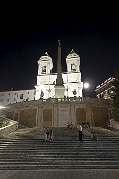 Night view of Spanish steps, Trinita dei Monti and Obelisco Sallustiano, Rome, Latium, Italy, Europe