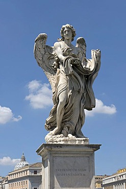 Angelo con la veste e i dadi, angel with the garment and dice, angel statue by Paolo Naldini, Ponte Sant'Angelo, Rome, Latium, Italy, Europe