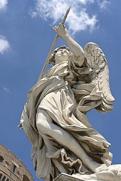 Angel with the lance, by Domenico Guidi, one of the ten statues of angels with symbols of the Passion, design by Bernini, Ponte Sant'Angelo, Rome, Latium, Italy, Europe