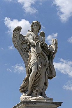 Angel with the garment and dice, by Paolo Naldini, one of the ten statues of angels with symbols of the Passion, design by Bernini, Ponte Sant'Angelo, Rome, Latium, Italy, Europe