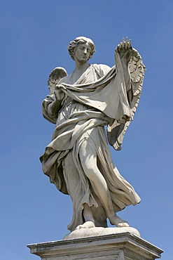 Angel with the sudarium, Veronica's veil, by Cosimo Fancelli, one of the ten statues of angels with symbols of the Passion, design by Bernini, Ponte Sant'Angelo, Rome, Latium, Italy, Europe