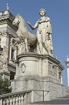 The left one of the two Dioscuri, or Castori, on top of the cordonata leading to Piazza del Campidoglio, Capitoline hill, Rome, Latium, Italy, Europe