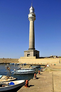 Lighthouse and fishing boats in the fishing harbour of Beirut, Lebanon, Middle East, Asia