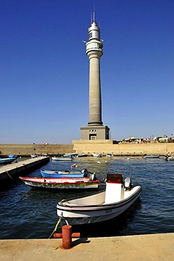 Lighthouse and fishing boats in the fishing harbour of Beirut, Lebanon, Middle East, Asia