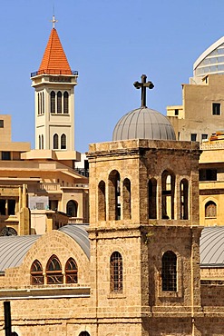 Tower of the Saint Georges Greek Orthodox Cathedral, St. George's Cathedral and the tower of the Capuchin Church of St. Louis, left, in the historic centre of Beirut, Lebanon, Middle East, Asia