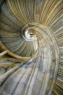 Bottom of the famous cantilevered stairs, Grosser Wendelstein, in Schloss Hartenstein castle, Torgau, Saxony, Germany, Europe