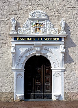 Renaissance portal, bank building, C. L. Seelinger, Wolfenbuettel, Lower Saxony, Germany, Europe