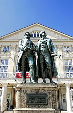 Monument of Johann Wolfgang von Goethe and Friedrich Schiller in front of the German National Theater in Weimar, Thuringia, Germany, Europe