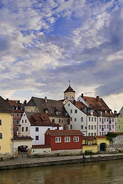 View of the historic district of Regensburg, Weinlaende harbour, the tower of the old town hall at the back, medieval UNESCO World Heritage site, Upper Palatinate, Bavaria, Germany, Europe