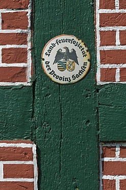 Country Fire Society for the Province of Saxony, insurance sticker on a restored half-timbered facade, northern Germany, Lower Saxony, Germany, Europe