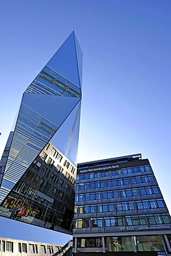 Polylit by Carsten NICOLAI, left, next to glass cube of the art museum, building of the Baden-Wuerttembergische Bank, Kleiner Schlossplatz square, Stuttgart, Baden-Wuerttemberg, Germany, Europe