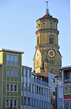 Market square in front of west tower of the Stiftskirche church, Stuttgart, Baden-Wuerttemberg, Germany, Europe