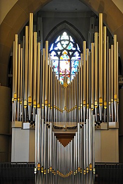 New Muehleisen pipe organ, indoor photo of Stiftskirche church in Stuttgart, landmark and the oldest Protestant church of Stuttgart, Baden-Wuerttemberg, Germany, Europe