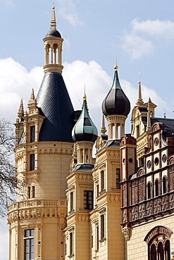 Schloss Schwerin Castle, turrets, decorated with terracotta tiles, Schwerin, Mecklenburg-Western Pomerania, Germany, Europe